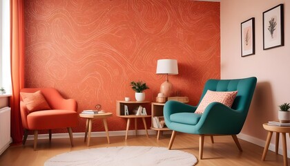 Scandinavian living room interior design zoom background,Doodle patterned wallpaper graphics