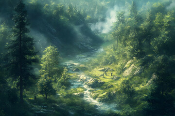 Obraz premium Illustration of Mystic Forest River Valley Landscape