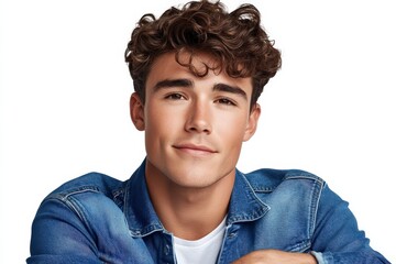 Fototapeta premium A young man with curly hair smiles, wearing a denim jacket against a white background.