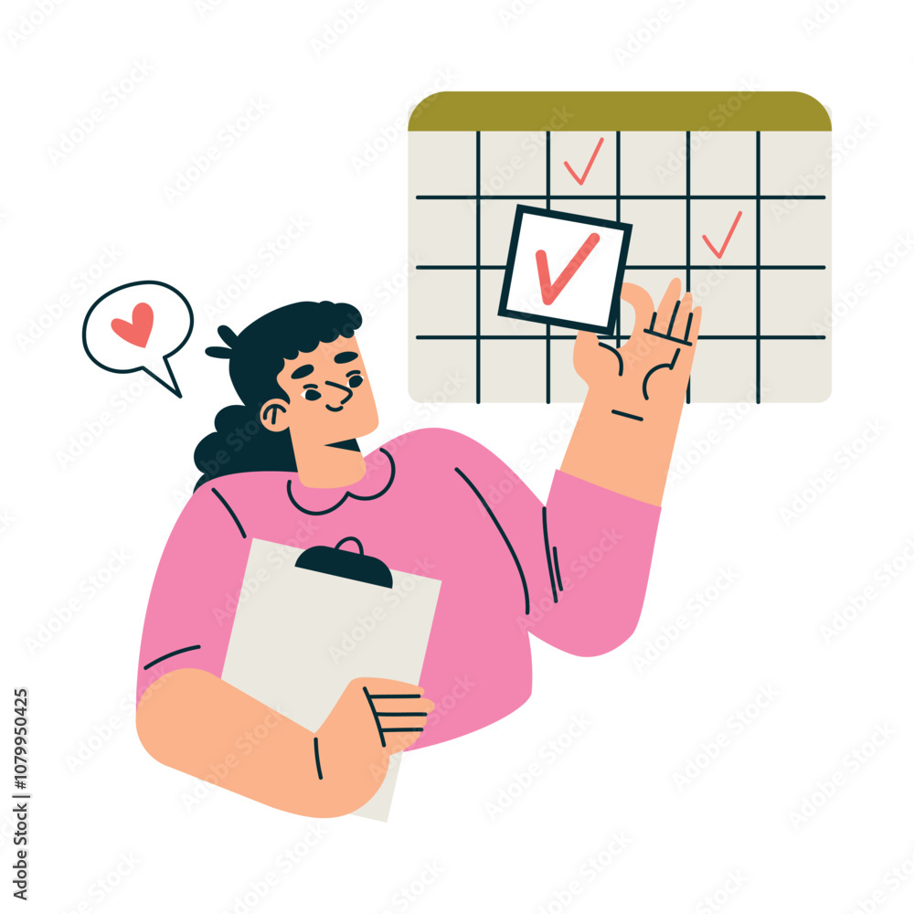 Poster productive workflow with woman with calendar and clipboard managing task vector illustration