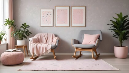 Scandinavian living room interior design zoom background,Doodle patterned wallpaper graphics
