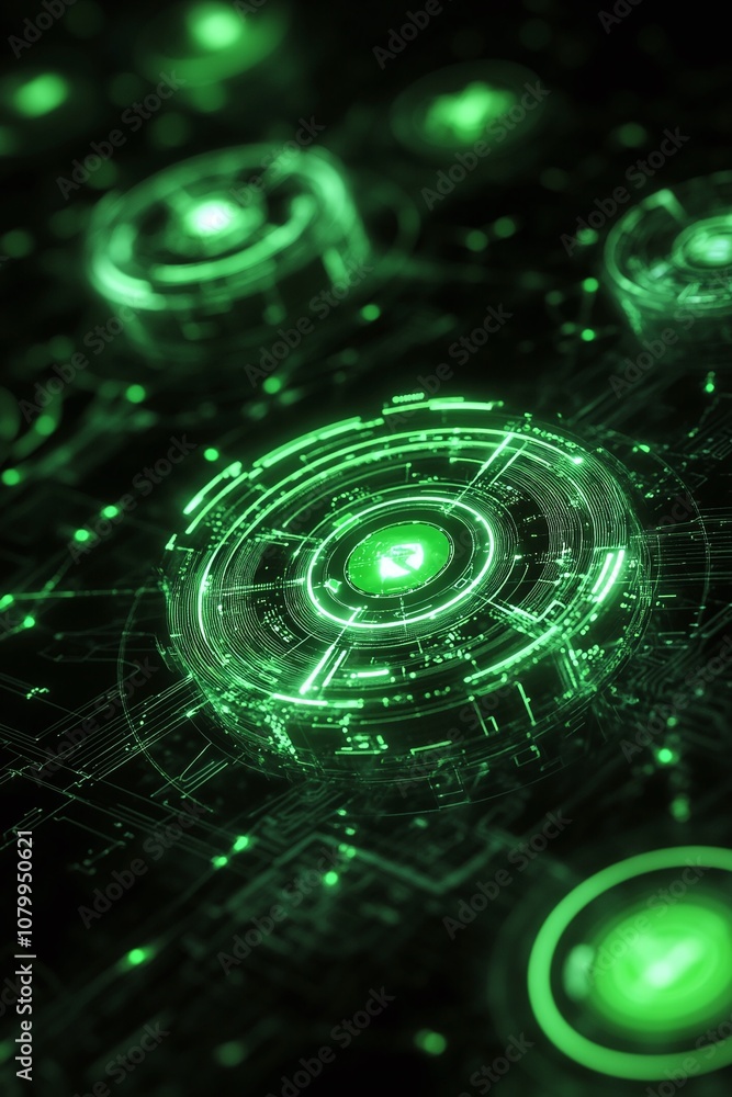Poster futuristic abstract background featuring green digital circles and lines with data representation fo