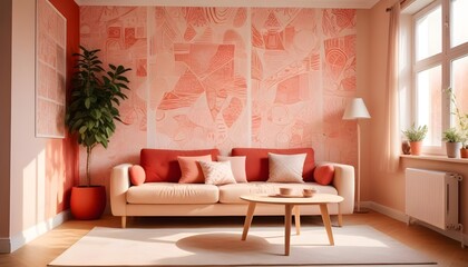 Scandinavian living room interior design zoom background,Doodle patterned wallpaper graphics