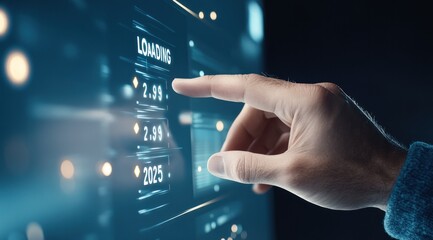 Hand pointing at futuristic display with loading bar