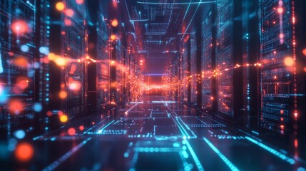 A futuristic data landscape with vibrant neon colors and explosive motion, capturing the essence of space travel,  blokchain, chip, server