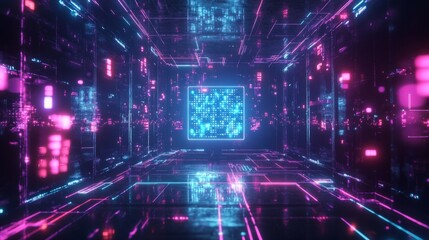 A futuristic data landscape with vibrant neon colors and explosive motion, capturing the essence of space travel,  blokchain, chip, server