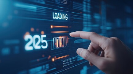 Hand pointing at digital screen with abstract numbers