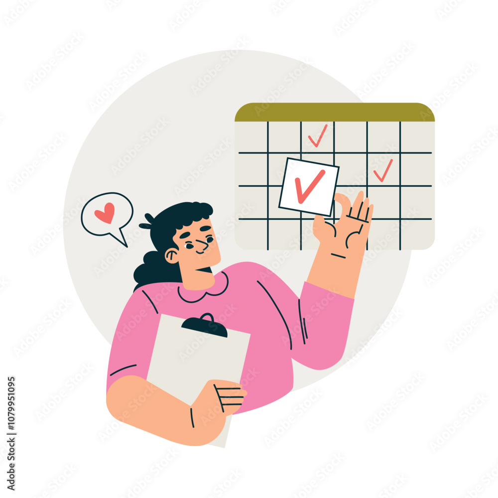 Poster productive workflow with woman with calendar and clipboard managing task vector illustration