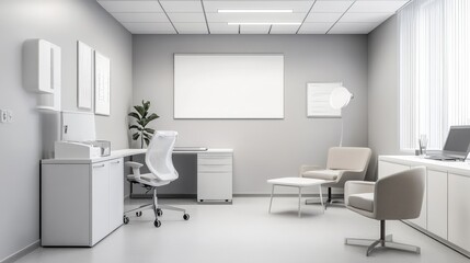 Modern Office Design with White Walls, Minimalist Decor, and a Desk with a View