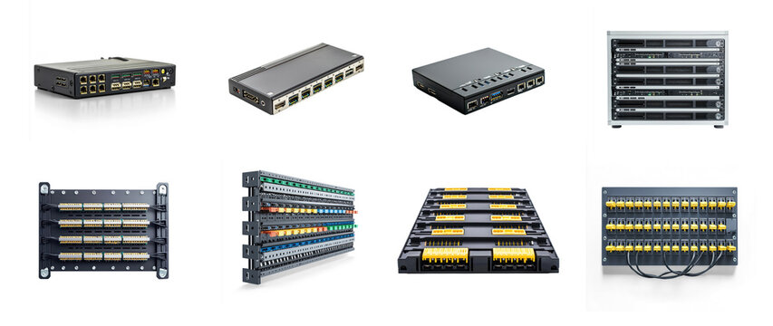 Collection of KVM switch with multiple input and output ports. isolated on transparent background