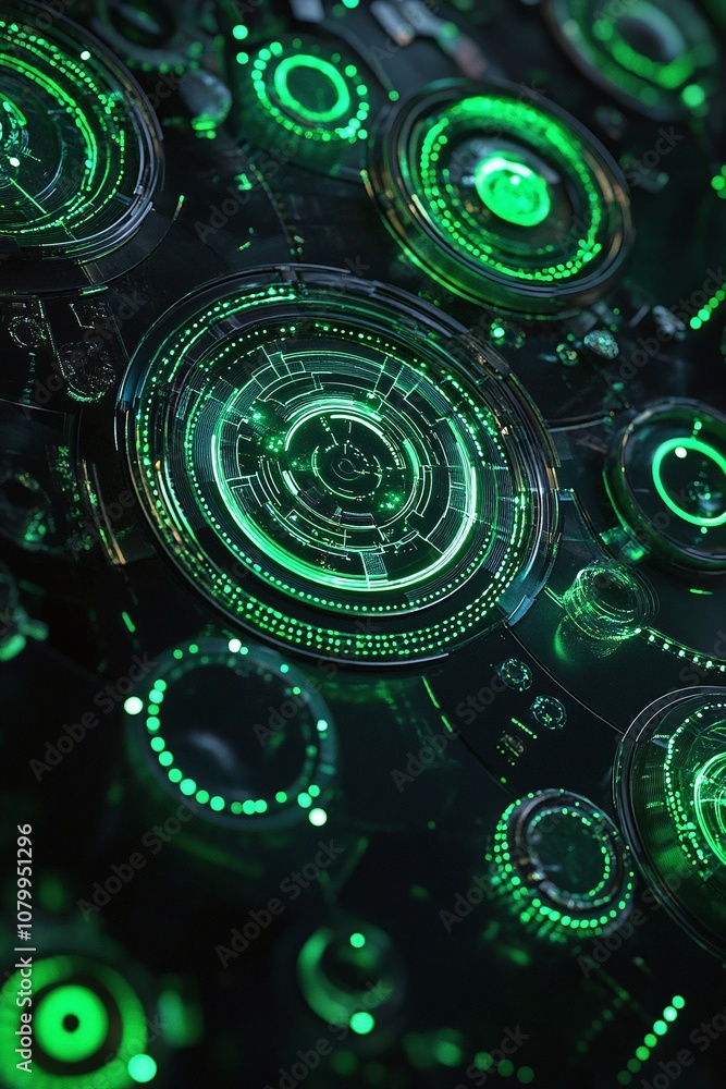 Poster futuristic abstract background with green circular patterns and high-tech interface elements creatin