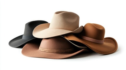 A Collection of Stylish Cowboy Hats in Various Colors and Textures Stacked Together on a Clean White Background for Fashion and Western Theme Projects