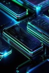 Futuristic Abstract Background with Glowing Neon Smartphone Designs in an Eye-Catching Arrangement, Perfect for Technology and Digital Innovation Themes