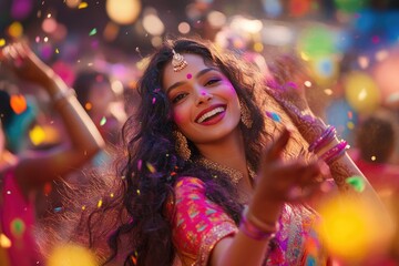 Obraz premium A beautiful woman with long, curly hair, wearing an off-the-shoulder dress and pink earrings, smiles brightly as she dances in the center of the frame, surrounded by colorful flowers and lights