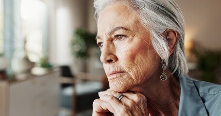 Elderly woman, thinking and sofa for mental health, lonely or grief in home with nostalgia in...