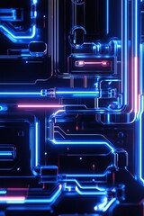 Futuristic Abstract Circuit Board with Bright Neon Lights Representing Advanced Technology and Digital Innovation in a Dark Environment