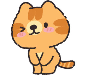 A cartoon cat winking with a playful expression, paws together and cheeks blushing.