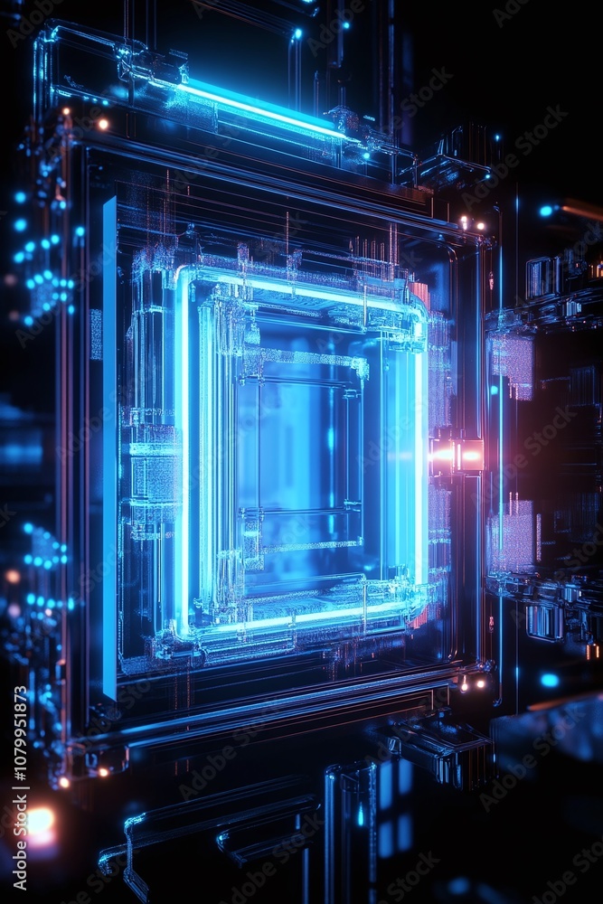 Poster futuristic abstract design featuring illuminated blue and cyan elements in a high-tech network setti