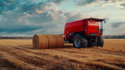 Obraz premium Red Farm Tractor in a Field of Hay Bales