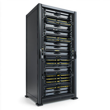 Server rack with multiple mounted servers. isolated on transparent background