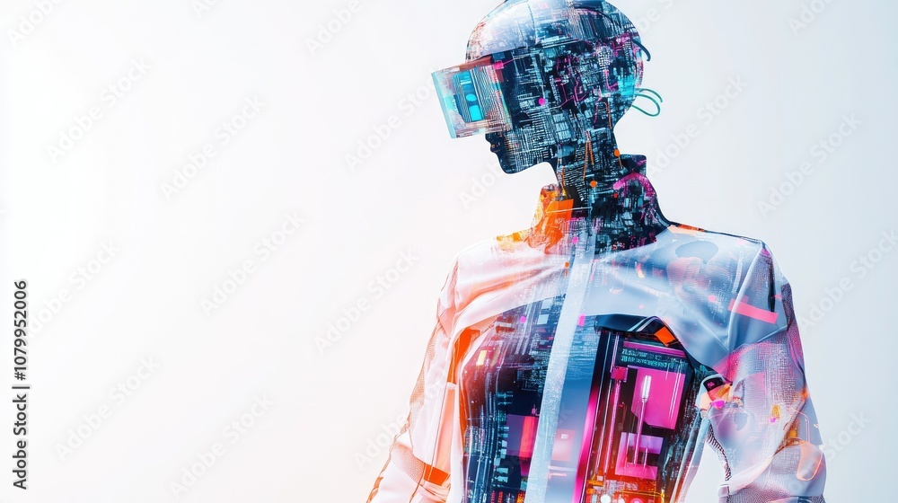 Poster futuristic humanoid robot with high-tech elements and visual display, showcasing advanced technology