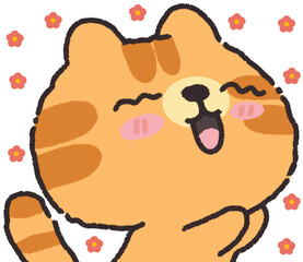 A joyful cartoon cat laughing with eyes shut, surrounded by cheerful flowers.