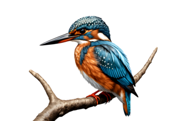 Blue Green Kingfisher Perched On Branch Illustration on a brown branch against a white background.