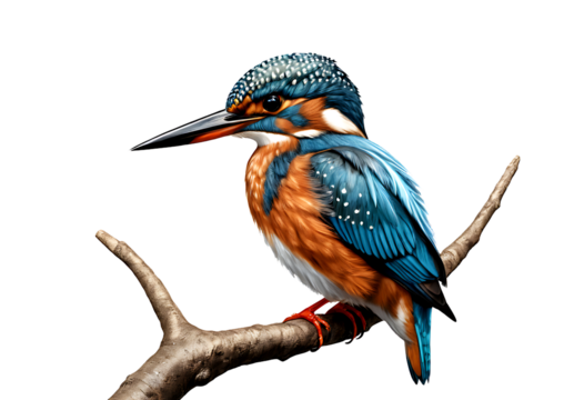 Blue Green Kingfisher Perched On Branch Illustration on a brown branch against a white background.