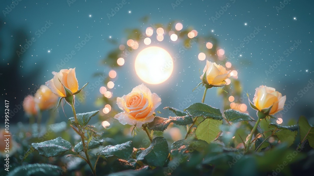 Poster Beautiful arrangement of yellow roses illuminated by a soft glowing moonlight, creating a dreamy atmosphere with sparkling bokeh effects in the background.