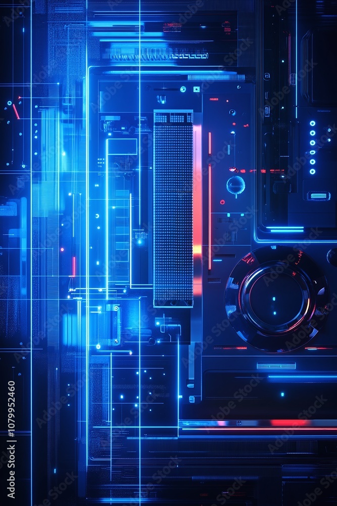 Poster futuristic abstract digital circuit design with neon lights and glowing elements for technology back