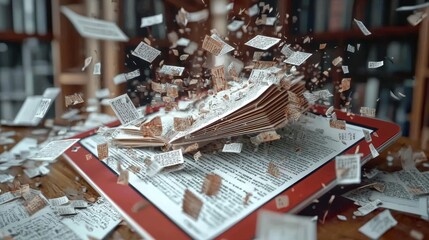 Naklejka premium Exploding Book Pages in a Library Setting