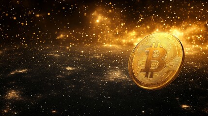 Fototapeta premium A glowing cryptocurrency coin lying on a sleek, reflective surface, with data streams surrounding it