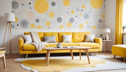 Scandinavian living room interior design zoom background,Doodle patterned wallpaper graphics
