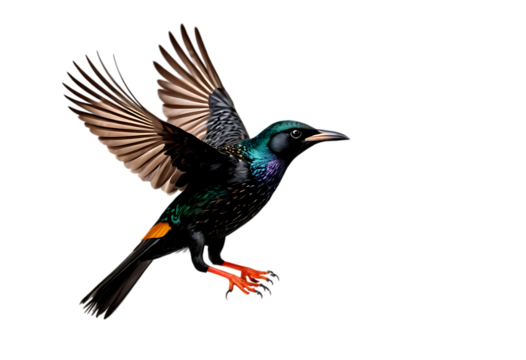 Hawaiian Oo Bird in Flight Against Black background. Its orangetipped legs and wings spread wide add to the dynamic composition."