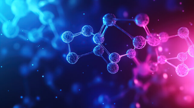 Abstract futuristic background with a glowing 3D model of a molecular structure in shades of dark blue and pink