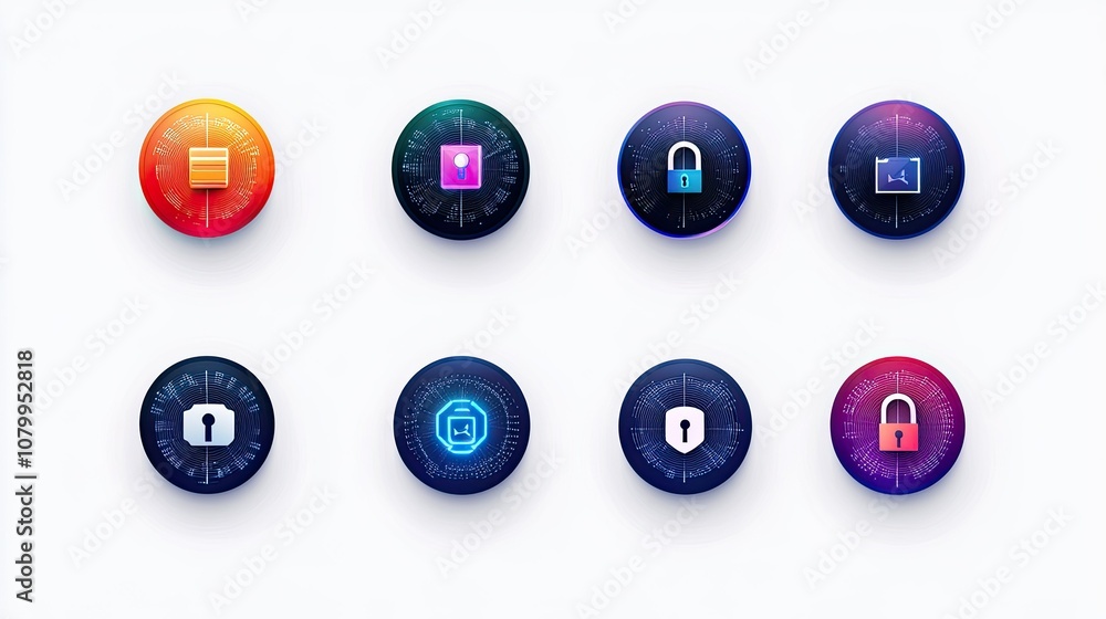 Poster modern digital security icons representing protection, data encryption, privacy measures, secure acc