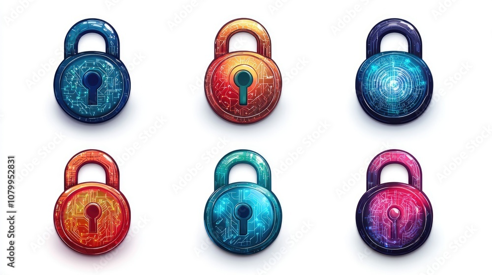 Poster colorful digital locks with circuit patterns representing security, technology, and data protection 