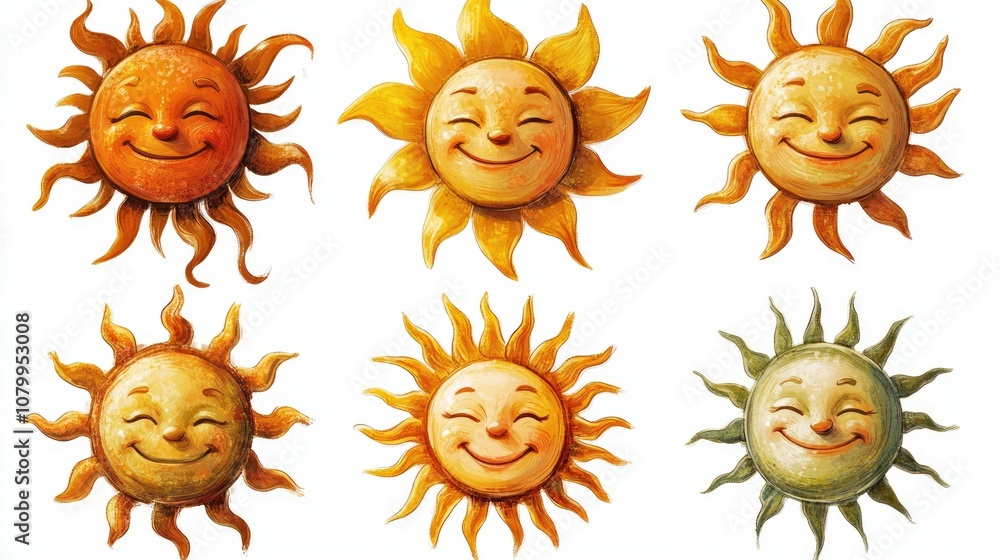 Poster cheerful sun characters with smiling faces in different styles and colors ideal for illustrating joy