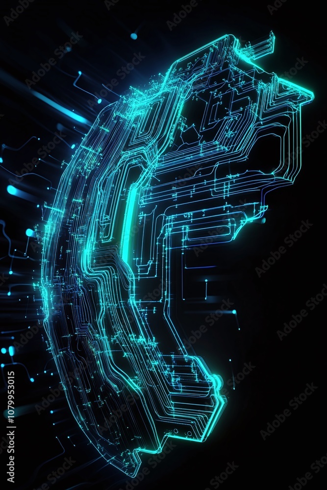 Poster futuristic abstract representation of technology with circuit patterns and neon blue glow depicting 