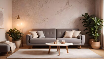 Scandinavian living room interior design zoom background,Doodle patterned wallpaper graphics