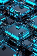 Futuristic Abstract Technology Background with Shiny Blue Transparent Cubes and Geometric Shapes Creating a High-Tech Digital Environment