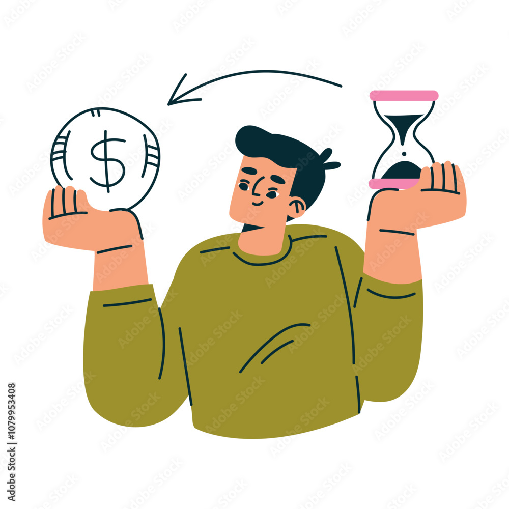 Poster productive workflow with man hold hourglass and money managing task vector illustration