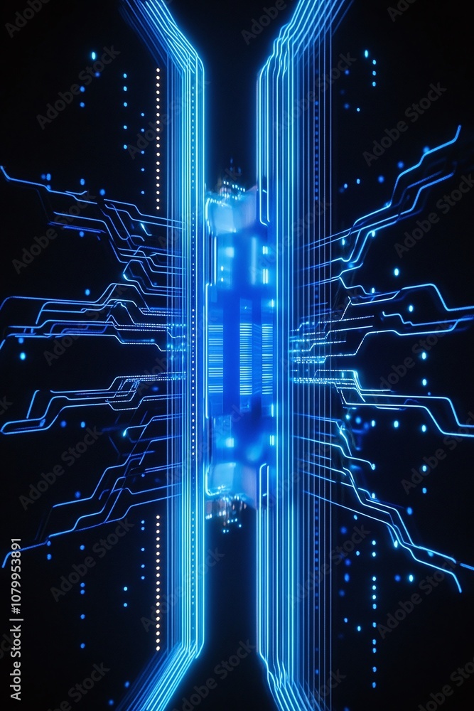 Aufkleber futuristic blue circuit board with bright light trails and intricate patterns for technology and cyb