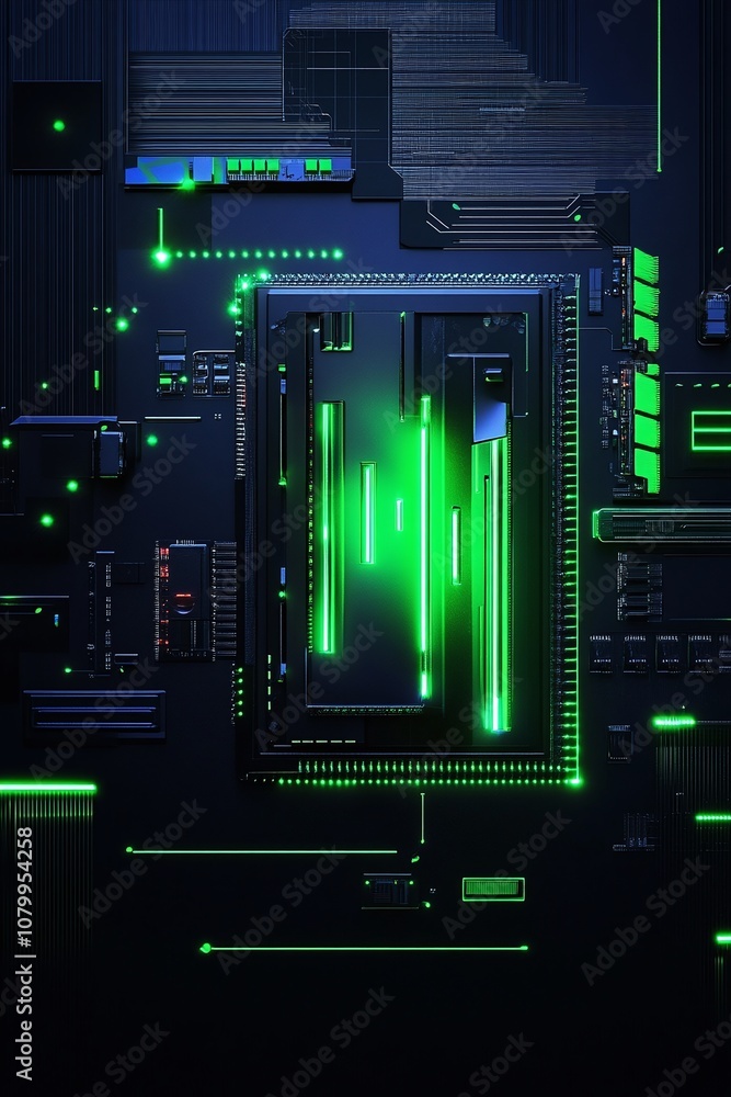 Poster futuristic circuit board design with neon green lights on dark background, featuring complex pattern