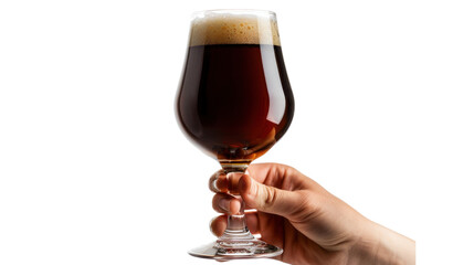 Hand holding up a glass of beer on white transparent background
