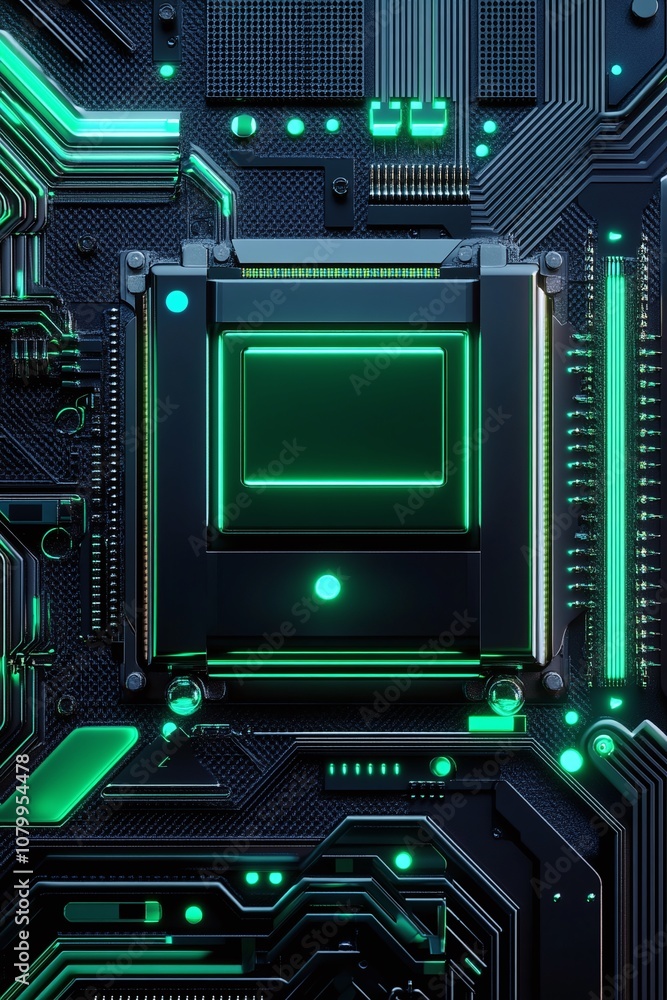 Poster futuristic circuit board with neon green accents and advanced technology overview featuring a centra