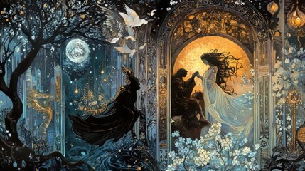 Ethereal Fantasy World with Enchanted Moonlit Forest and Lovers