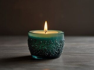 Cozy Candle in Glass Vessel with Warm Christmas Background