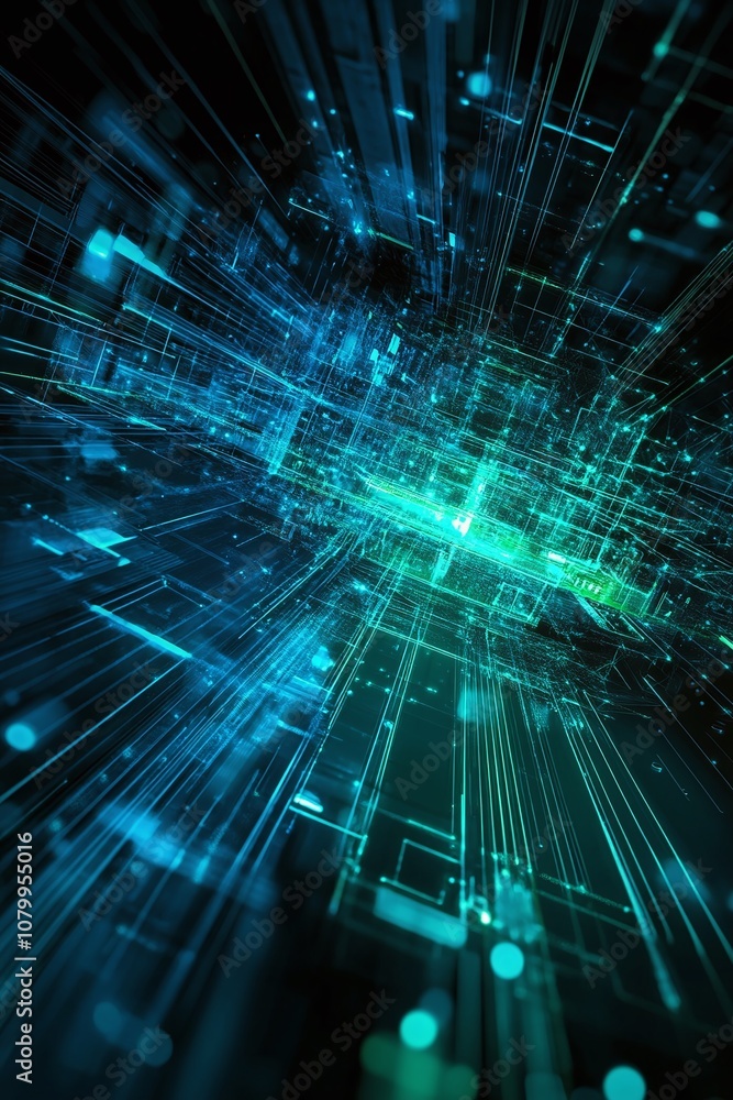 Poster futuristic data visualization with neon lines and light effects representing modern technology and d