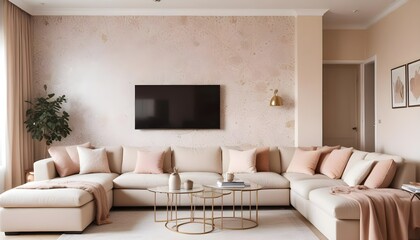 Scandinavian living room interior design zoom background,Doodle patterned wallpaper graphics